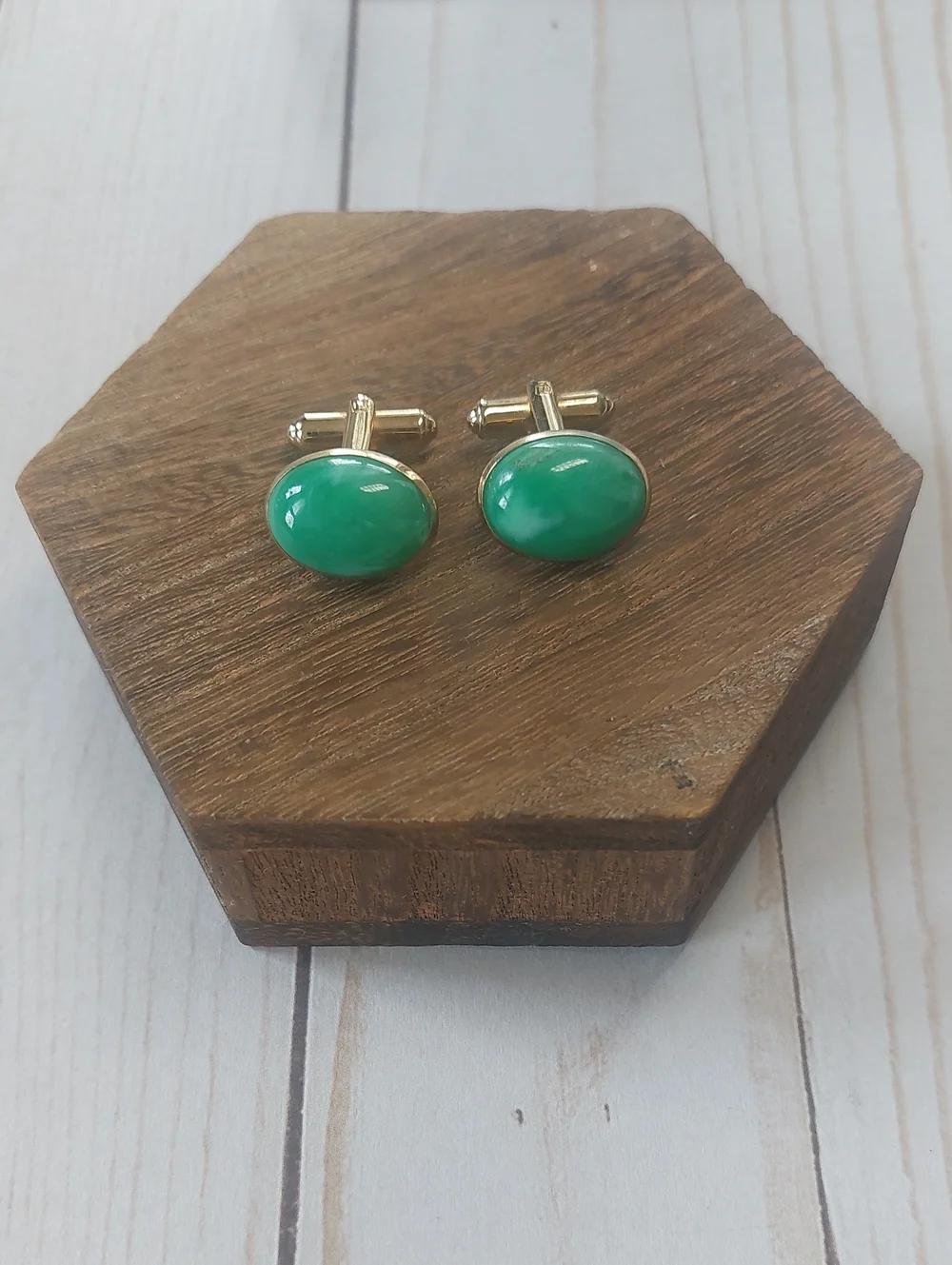Green Oval Stone Cufflinks - Gold Tone
